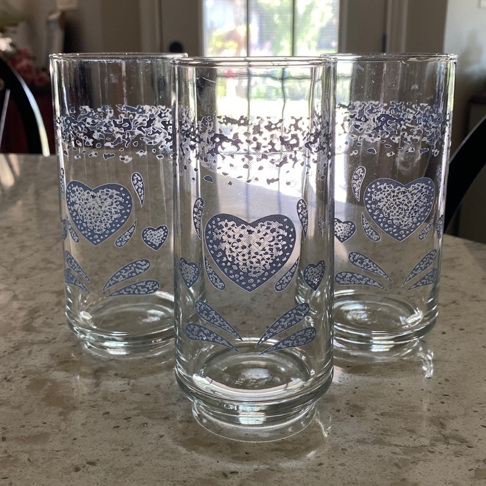 3 VINTAGE~CORELLE~BLUE HEARTS~16 OZ GLASS TUMBLER~NO CHIPS~NO CRACKS~CORNING~G13